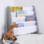 Étagère à Livres pour Enfants 4 Niveaux Gris Petit Meuble de Rangement en MDF, Anti-Basculement, Étagères Ouvertes