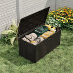 Coffre de rangement extérieur en PEHD de 375 L avec sangles, étanche pour outils de jardin, idéal pour terrasse, pelouse, piscine et garage.