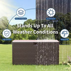 Coffre de rangement extérieur en PEHD de 375 L avec sangles, étanche pour outils de jardin, idéal pour terrasse, pelouse, piscine et garage.