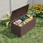 Coffre de rangement extérieur en PEHD de 375 L avec sangles, étanche pour outils de jardin, idéal pour terrasse, pelouse, piscine et garage.