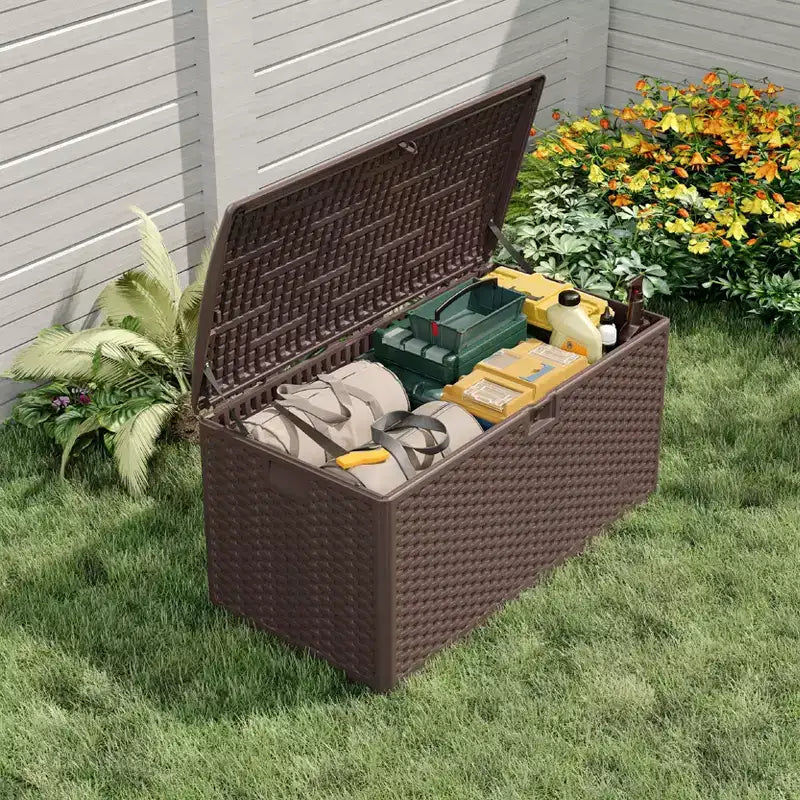 99 Gallon HDPE Outdoor Storage Deck Box with Straps, Waterproof Garden Tools Storage Bin for Patio, Lawn, Pool & Garage