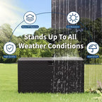 Coffre de rangement extérieur en PEHD de 375 L avec sangles, étanche pour outils de jardin, idéal pour terrasse, pelouse, piscine et garage.