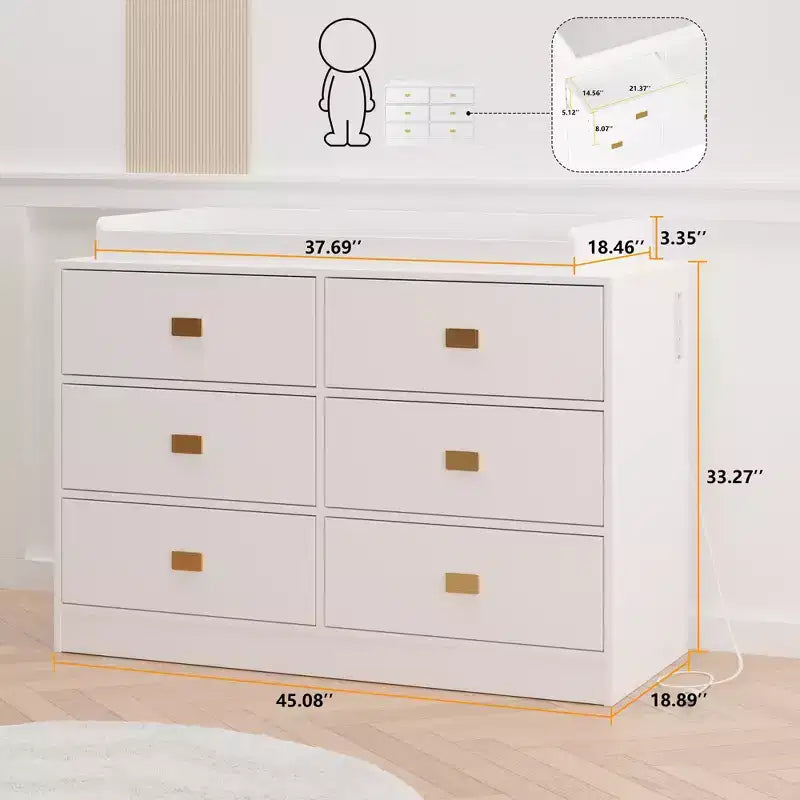White six-drawer nursery dressing table/changing table - removable tabletop with changing mat, includes storage space for clothes and accessories.