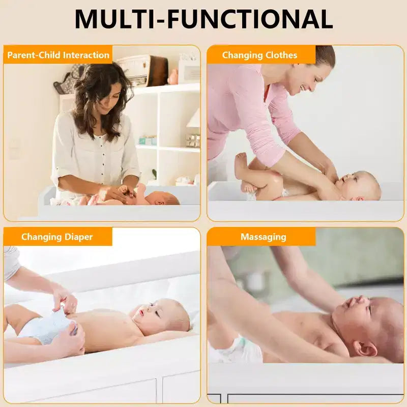 White six-drawer nursery dressing table/changing table - removable tabletop with changing mat, includes storage space for clothes and accessories.