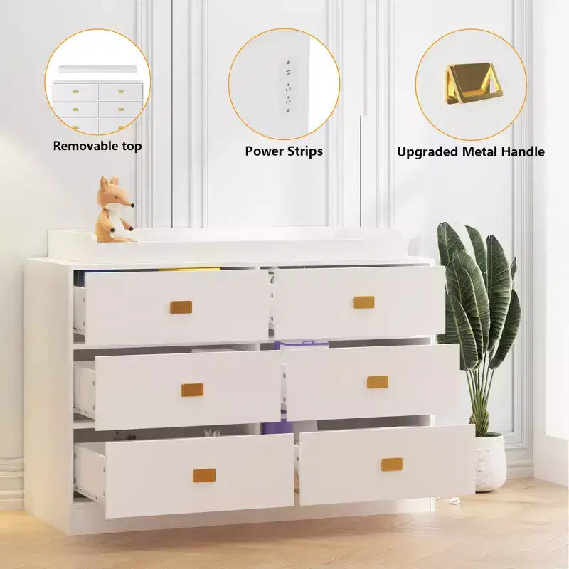 White six-drawer nursery dressing table/changing table - removable tabletop with changing mat, includes storage space for clothes and accessories.