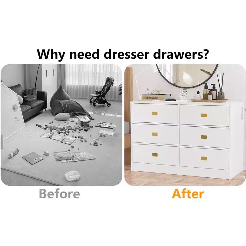 White six-drawer nursery dressing table/changing table - removable tabletop with changing mat, includes storage space for clothes and accessories.