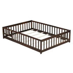 Lit au sol pleine grandeur avec clôture et porte, cadre de lit bas en bois pour enfants avec barrières de sécurité, bois d'hévéa massif, assemblage facile