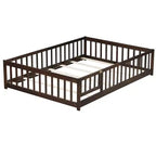 Lit au sol pleine grandeur avec clôture et porte, cadre de lit bas en bois pour enfants avec barrières de sécurité, bois d'hévéa massif, assemblage facile