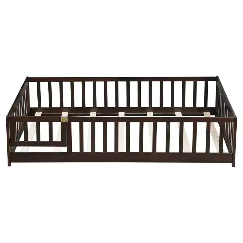 Bellemave Full Size Montessori Floor Bed with Fence & Door, Kids Low Wood Bed Frame with Guardrails, Solid Rubber Wood, Easy Assembly