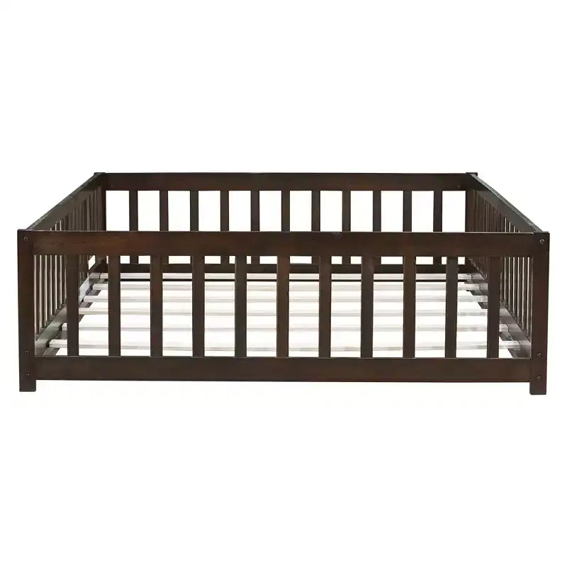 Bellemave Full Size Montessori Floor Bed with Fence & Door, Kids Low Wood Bed Frame with Guardrails, Solid Rubber Wood, Easy Assembly