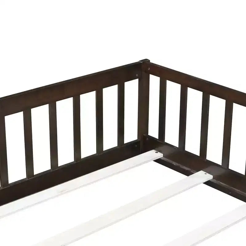 Bellemave Full Size Montessori Floor Bed with Fence & Door, Kids Low Wood Bed Frame with Guardrails, Solid Rubber Wood, Easy Assembly