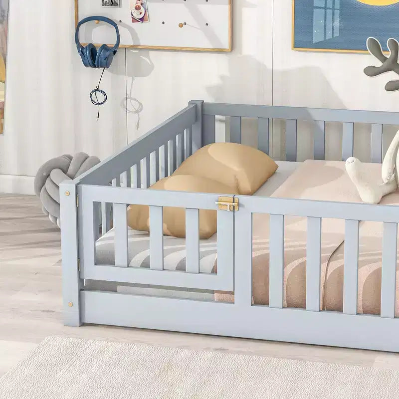 Bellemave Full Size Montessori Floor Bed with Fence & Door, Kids Low Wood Bed Frame with Guardrails, Solid Rubber Wood, Easy Assembly