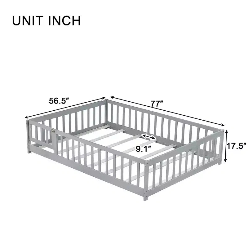 Bellemave Full Size Montessori Floor Bed with Fence & Door, Kids Low Wood Bed Frame with Guardrails, Solid Rubber Wood, Easy Assembly