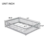 Lit au sol pleine grandeur avec clôture et porte, cadre de lit bas en bois pour enfants avec barrières de sécurité, bois d'hévéa massif, assemblage facile