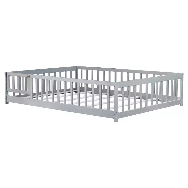 Bellemave Full Size Montessori Floor Bed with Fence & Door, Kids Low Wood Bed Frame with Guardrails, Solid Rubber Wood, Easy Assembly