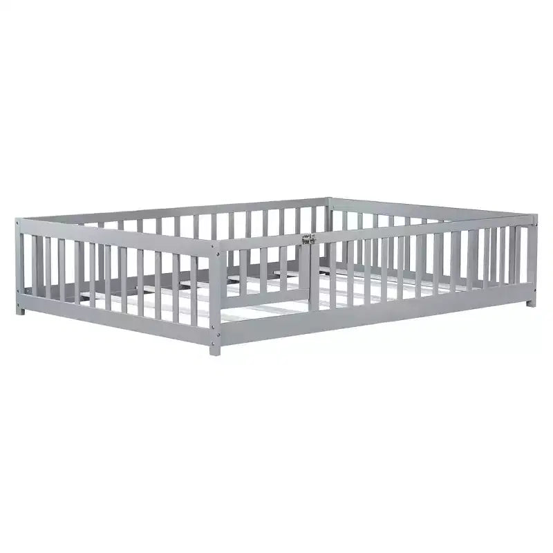 Bellemave Full Size Montessori Floor Bed with Fence & Door, Kids Low Wood Bed Frame with Guardrails, Solid Rubber Wood, Easy Assembly