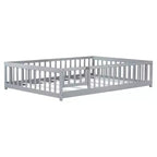 Lit au sol pleine grandeur avec clôture et porte, cadre de lit bas en bois pour enfants avec barrières de sécurité, bois d'hévéa massif, assemblage facile