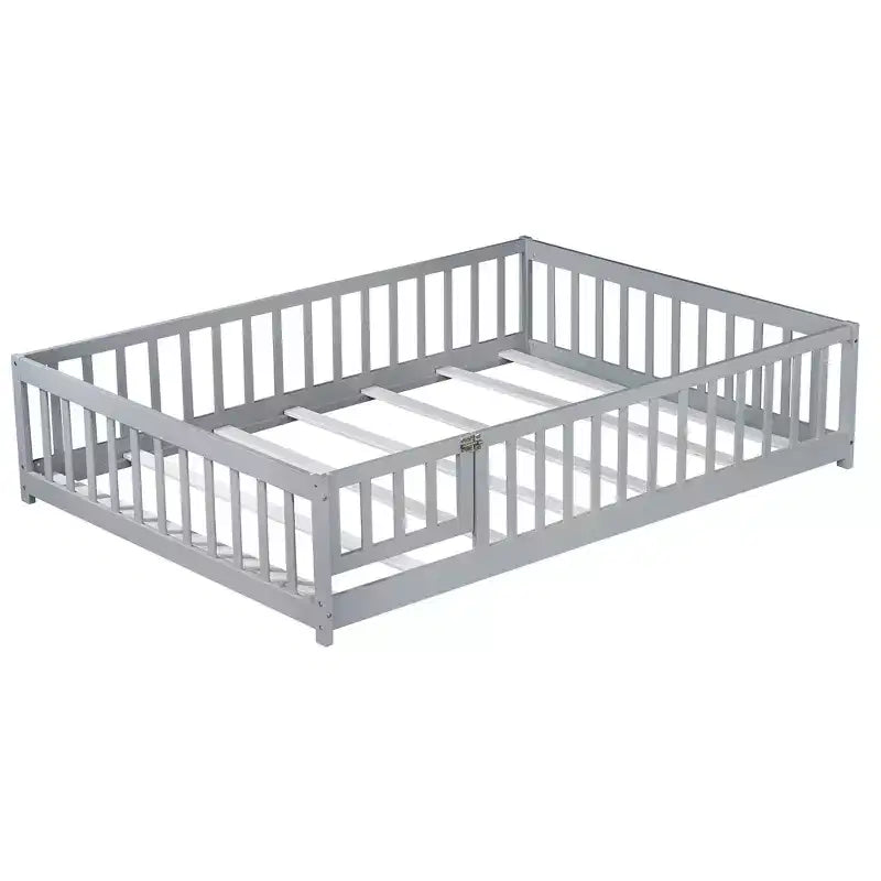 Bellemave Full Size Montessori Floor Bed with Fence & Door, Kids Low Wood Bed Frame with Guardrails, Solid Rubber Wood, Easy Assembly