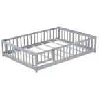 Lit au sol pleine grandeur avec clôture et porte, cadre de lit bas en bois pour enfants avec barrières de sécurité, bois d'hévéa massif, assemblage facile