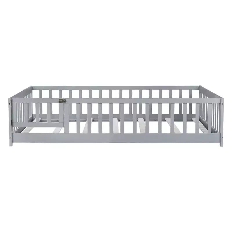Bellemave Full Size Montessori Floor Bed with Fence & Door, Kids Low Wood Bed Frame with Guardrails, Solid Rubber Wood, Easy Assembly