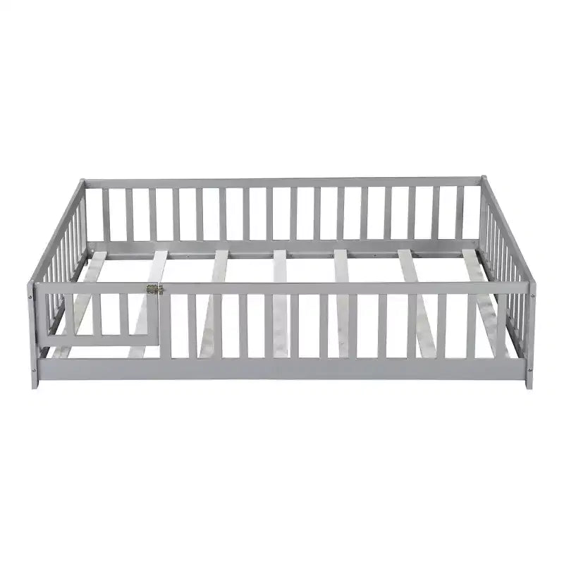 Bellemave Full Size Montessori Floor Bed with Fence & Door, Kids Low Wood Bed Frame with Guardrails, Solid Rubber Wood, Easy Assembly