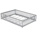Lit au sol pleine grandeur avec clôture et porte, cadre de lit bas en bois pour enfants avec barrières de sécurité, bois d'hévéa massif, assemblage facile