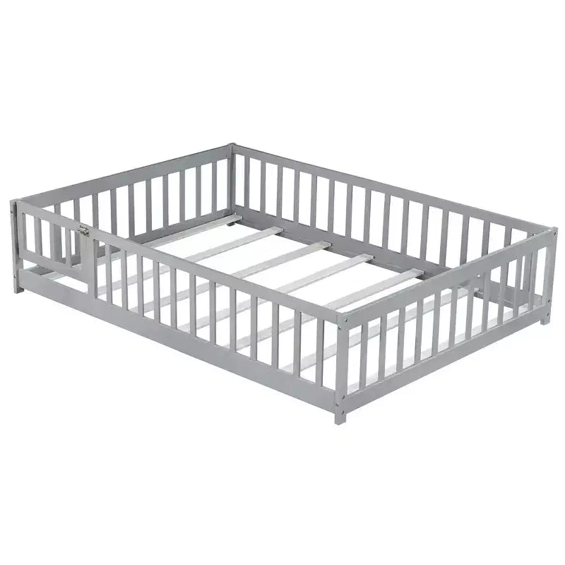 Bellemave Full Size Montessori Floor Bed with Fence & Door, Kids Low Wood Bed Frame with Guardrails, Solid Rubber Wood, Easy Assembly
