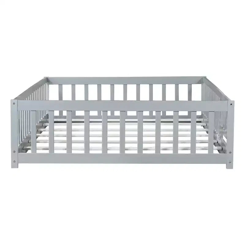 Bellemave Full Size Montessori Floor Bed with Fence & Door, Kids Low Wood Bed Frame with Guardrails, Solid Rubber Wood, Easy Assembly