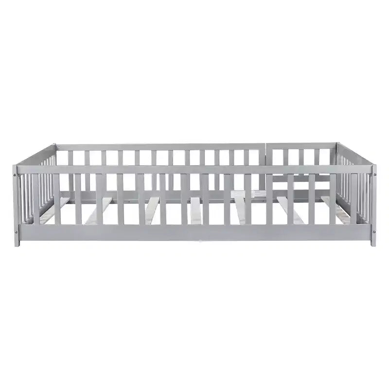 Bellemave Full Size Montessori Floor Bed with Fence & Door, Kids Low Wood Bed Frame with Guardrails, Solid Rubber Wood, Easy Assembly