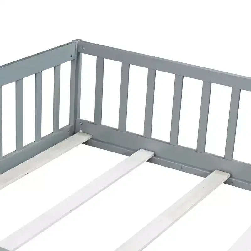 Bellemave Full Size Montessori Floor Bed with Fence & Door, Kids Low Wood Bed Frame with Guardrails, Solid Rubber Wood, Easy Assembly