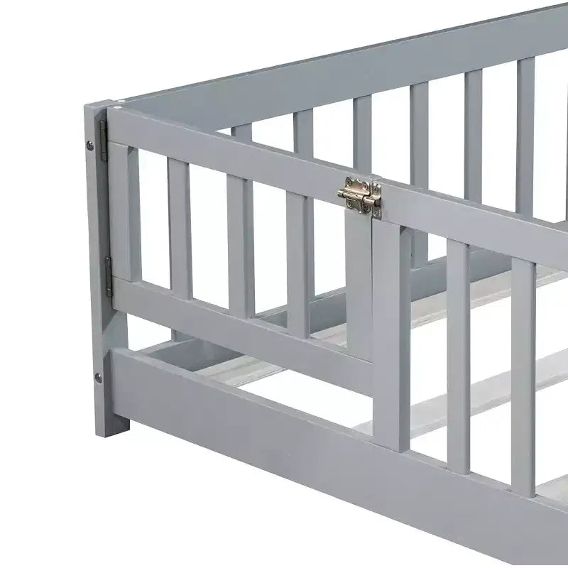 Bellemave Full Size Montessori Floor Bed with Fence & Door, Kids Low Wood Bed Frame with Guardrails, Solid Rubber Wood, Easy Assembly