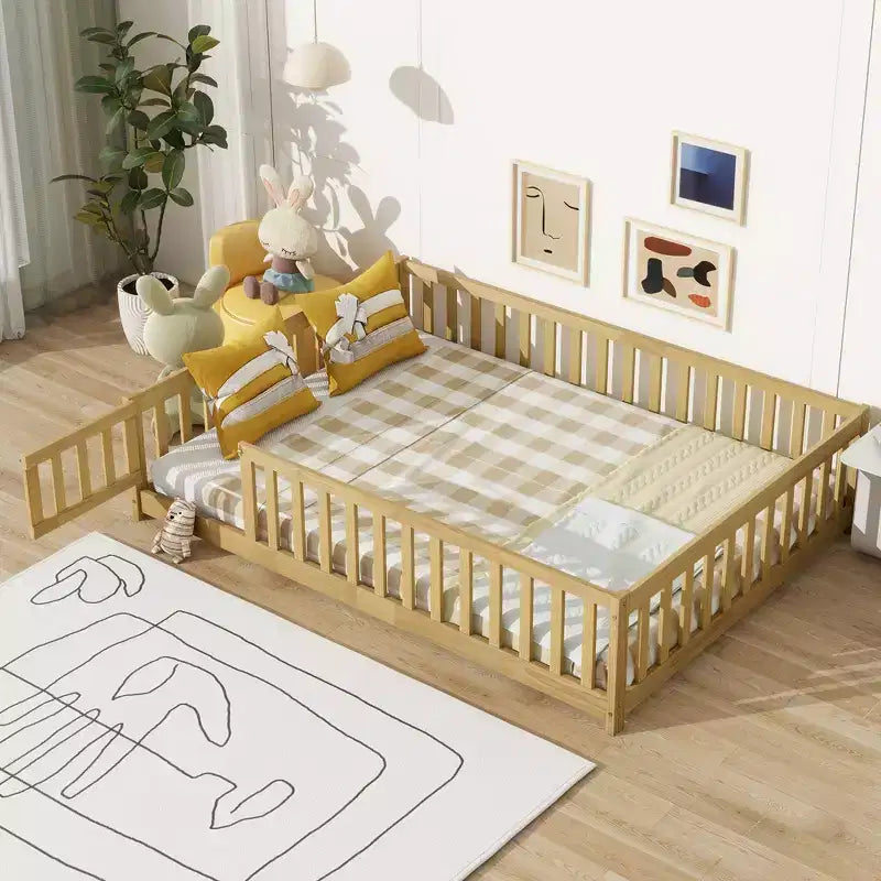 Bellemave Full Size Montessori Floor Bed with Fence & Door, Kids Low Wood Bed Frame with Guardrails, Solid Rubber Wood, Easy Assembly