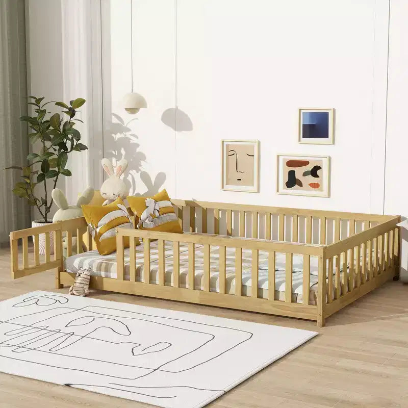 Bellemave Full Size Montessori Floor Bed with Fence & Door, Kids Low Wood Bed Frame with Guardrails, Solid Rubber Wood, Easy Assembly