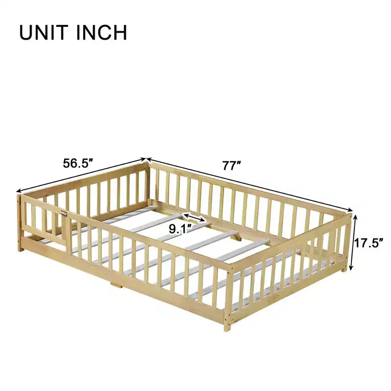 Bellemave Full Size Montessori Floor Bed with Fence & Door, Kids Low Wood Bed Frame with Guardrails, Solid Rubber Wood, Easy Assembly