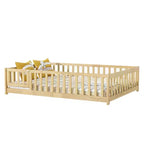 Lit au sol pleine grandeur avec clôture et porte, cadre de lit bas en bois pour enfants avec barrières de sécurité, bois d'hévéa massif, assemblage facile