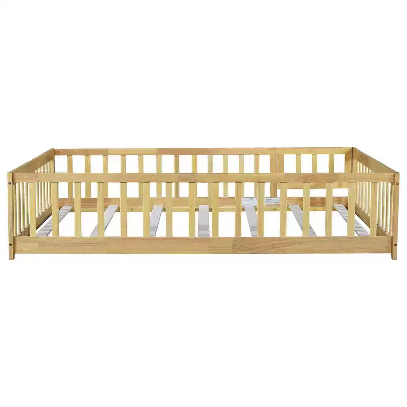 Bellemave Full Size Montessori Floor Bed with Fence & Door, Kids Low Wood Bed Frame with Guardrails, Solid Rubber Wood, Easy Assembly