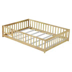 Lit au sol pleine grandeur avec clôture et porte, cadre de lit bas en bois pour enfants avec barrières de sécurité, bois d'hévéa massif, assemblage facile