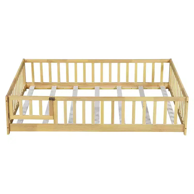 Bellemave Full Size Montessori Floor Bed with Fence & Door, Kids Low Wood Bed Frame with Guardrails, Solid Rubber Wood, Easy Assembly