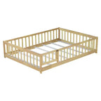 Lit au sol pleine grandeur avec clôture et porte, cadre de lit bas en bois pour enfants avec barrières de sécurité, bois d'hévéa massif, assemblage facile