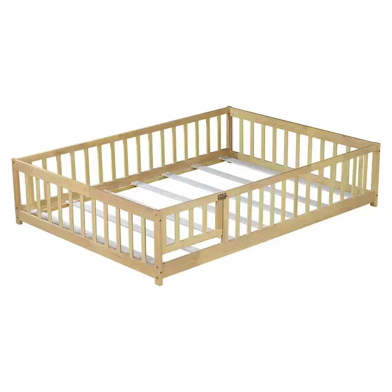 Bellemave Full Size Montessori Floor Bed with Fence & Door, Kids Low Wood Bed Frame with Guardrails, Solid Rubber Wood, Easy Assembly