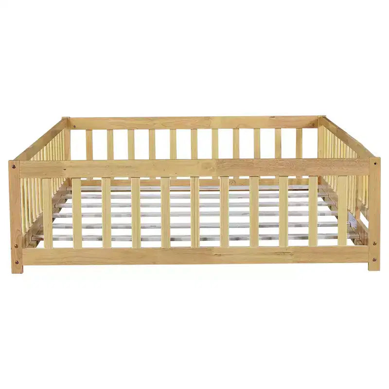 Bellemave Full Size Montessori Floor Bed with Fence & Door, Kids Low Wood Bed Frame with Guardrails, Solid Rubber Wood, Easy Assembly