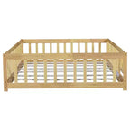 Lit au sol pleine grandeur avec clôture et porte, cadre de lit bas en bois pour enfants avec barrières de sécurité, bois d'hévéa massif, assemblage facile