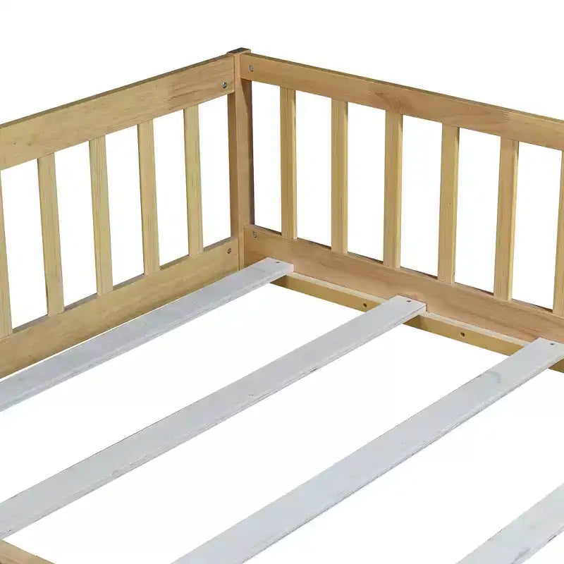 Bellemave Full Size Montessori Floor Bed with Fence & Door, Kids Low Wood Bed Frame with Guardrails, Solid Rubber Wood, Easy Assembly