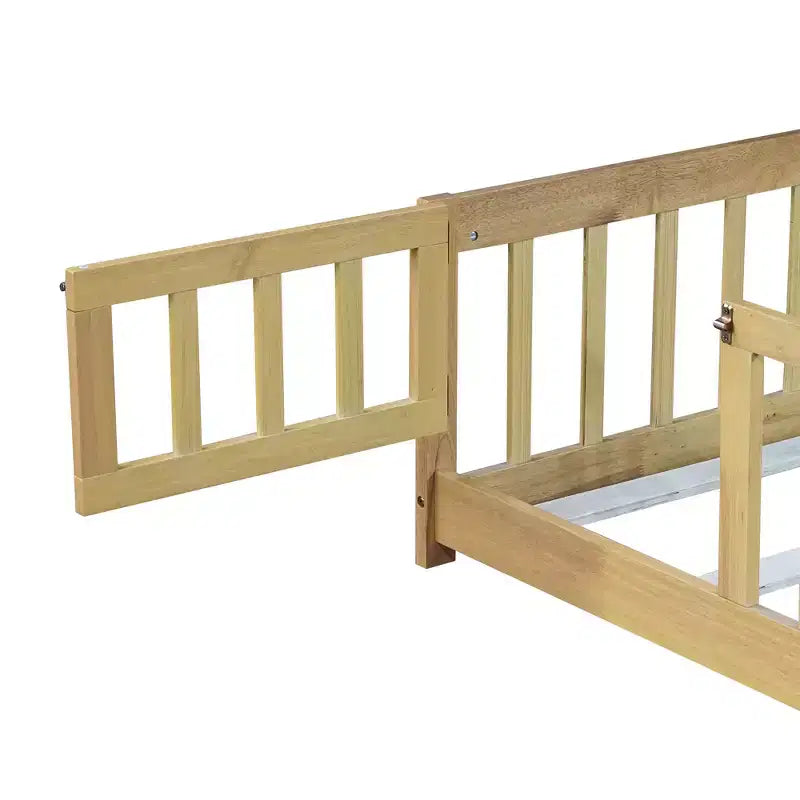 Bellemave Full Size Montessori Floor Bed with Fence & Door, Kids Low Wood Bed Frame with Guardrails, Solid Rubber Wood, Easy Assembly