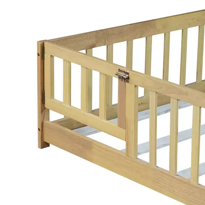 Bellemave Full Size Montessori Floor Bed with Fence & Door, Kids Low Wood Bed Frame with Guardrails, Solid Rubber Wood, Easy Assembly