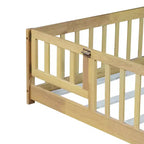 Lit au sol pleine grandeur avec clôture et porte, cadre de lit bas en bois pour enfants avec barrières de sécurité, bois d'hévéa massif, assemblage facile