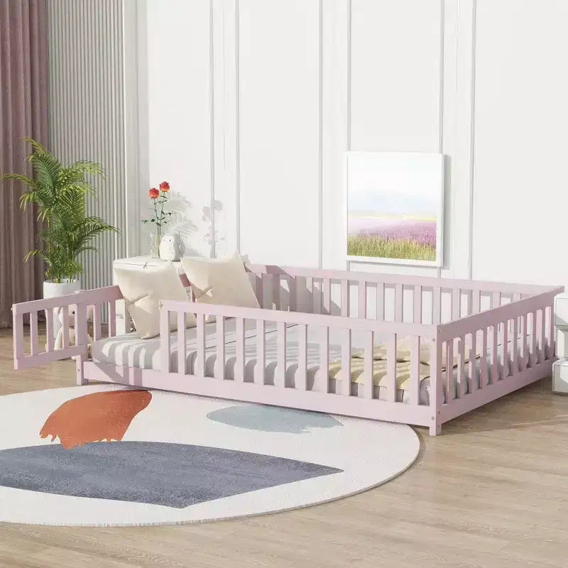 Bellemave Full Size Montessori Floor Bed with Fence & Door, Kids Low Wood Bed Frame with Guardrails, Solid Rubber Wood, Easy Assembly