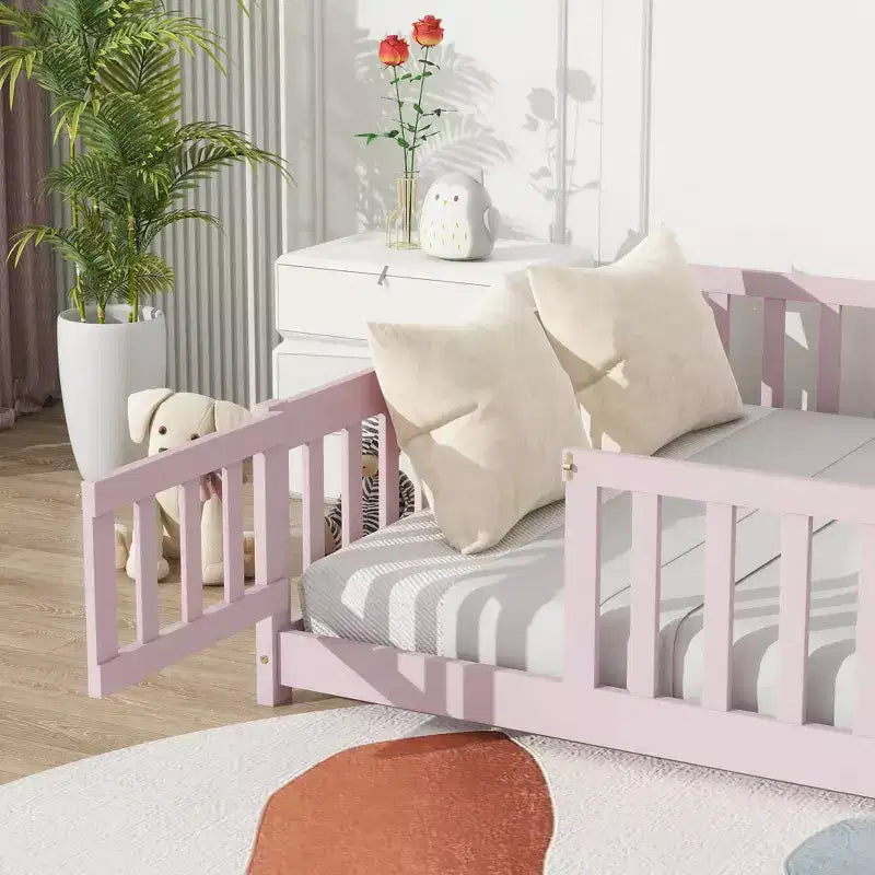 Bellemave Full Size Montessori Floor Bed with Fence & Door, Kids Low Wood Bed Frame with Guardrails, Solid Rubber Wood, Easy Assembly