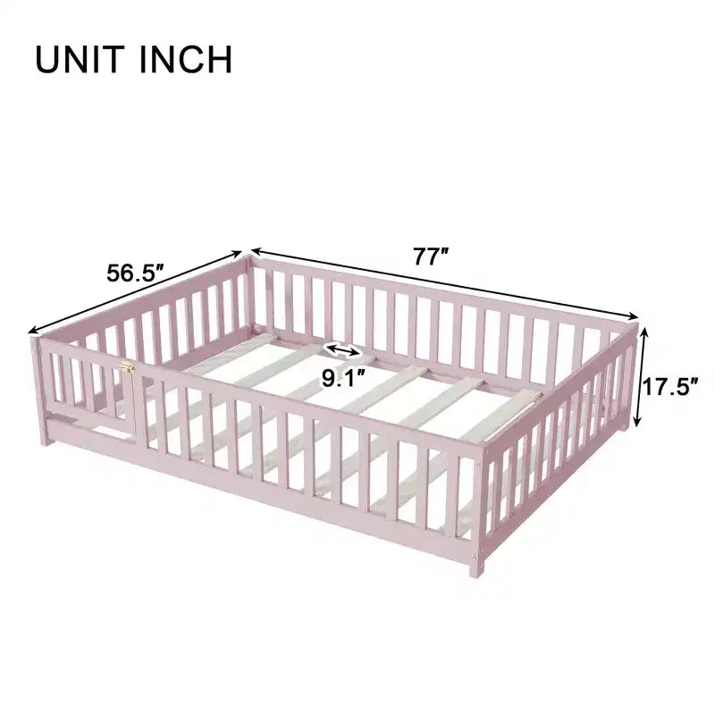 Bellemave Full Size Montessori Floor Bed with Fence & Door, Kids Low Wood Bed Frame with Guardrails, Solid Rubber Wood, Easy Assembly