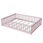 Lit au sol pleine grandeur avec clôture et porte, cadre de lit bas en bois pour enfants avec barrières de sécurité, bois d'hévéa massif, assemblage facile